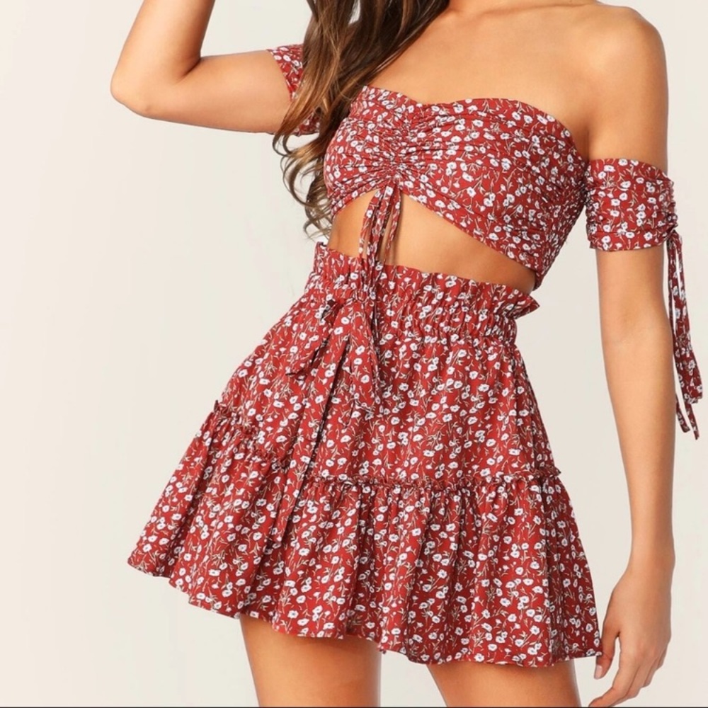 SHEIN Off Shoulder Drawstring Knot Front Ditsy Floral Top & Skirt Set, Sz S,NWOT